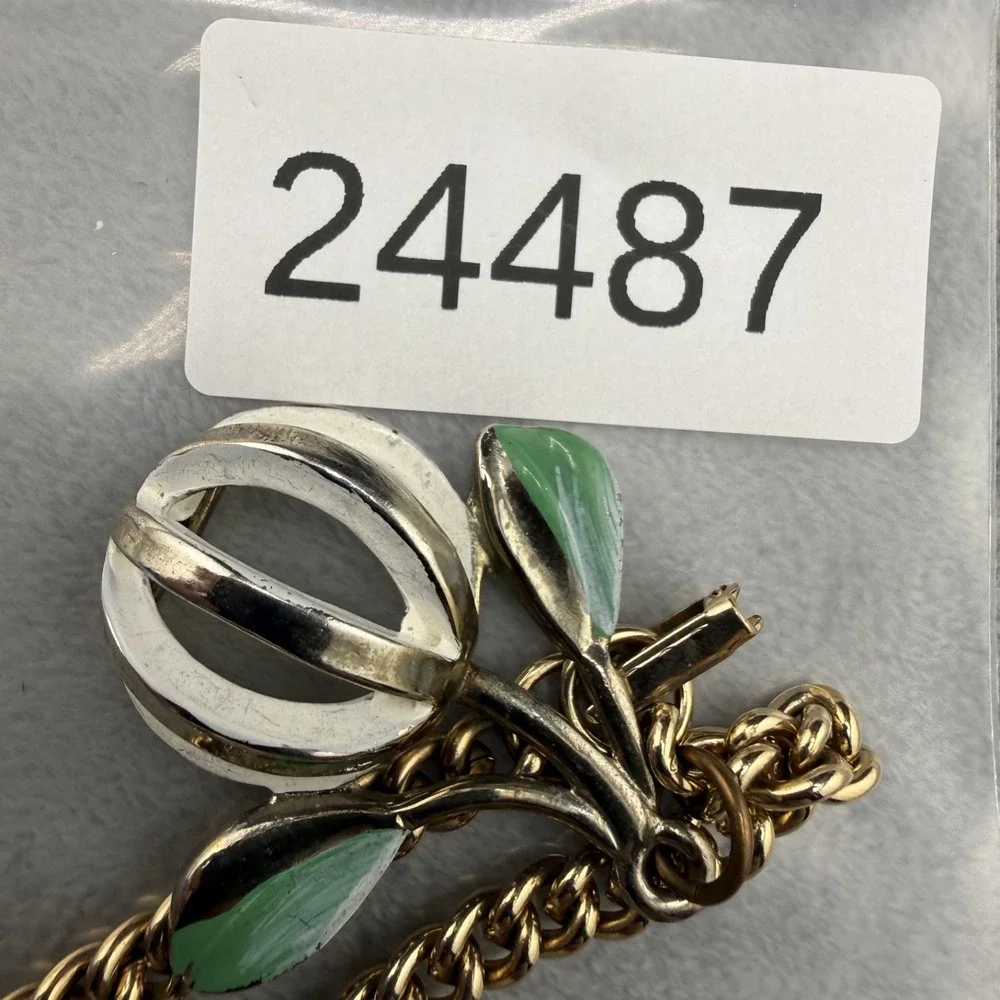 Vintage Estate Charm Bracelet Gold Tone Enamel Fruit Cage Curb Chain 7.5